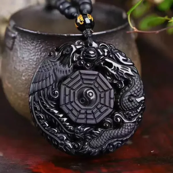 Obsidian Dragon and Phoenix Bagua Pendant